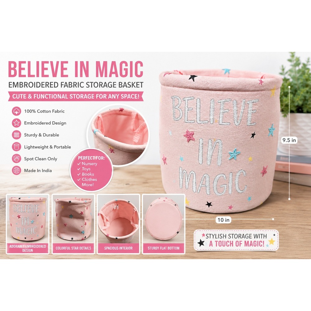 Believe In Magic Pink Cotton Canvas Storage Bin Star Embroidered Toy Basket 8in